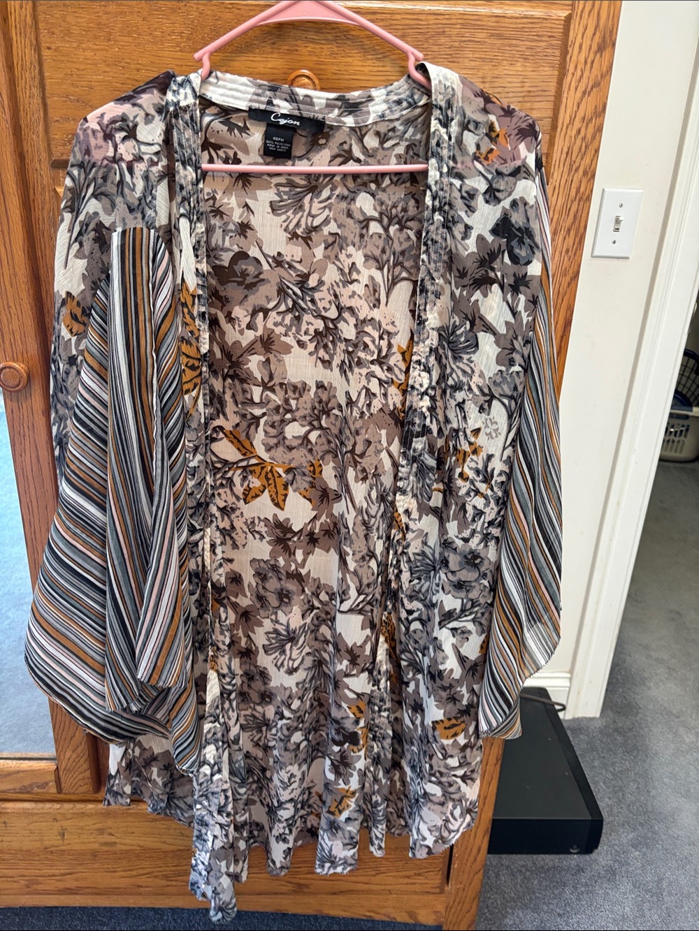 Cejon Open-Front Floral & Stripe Kimono — Beige, Gray, Mustard